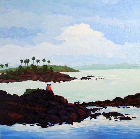 Landscape oil painting titled 'Seashore', 24x24 inches, by artist Tushar Patange on Canvas