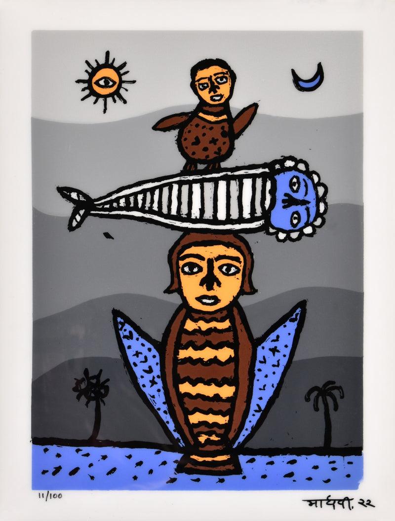 Figurative reverse serigraph painting titled 'Seasick', 16x12 inches, by artist Madhvi Parekh on Acrylic