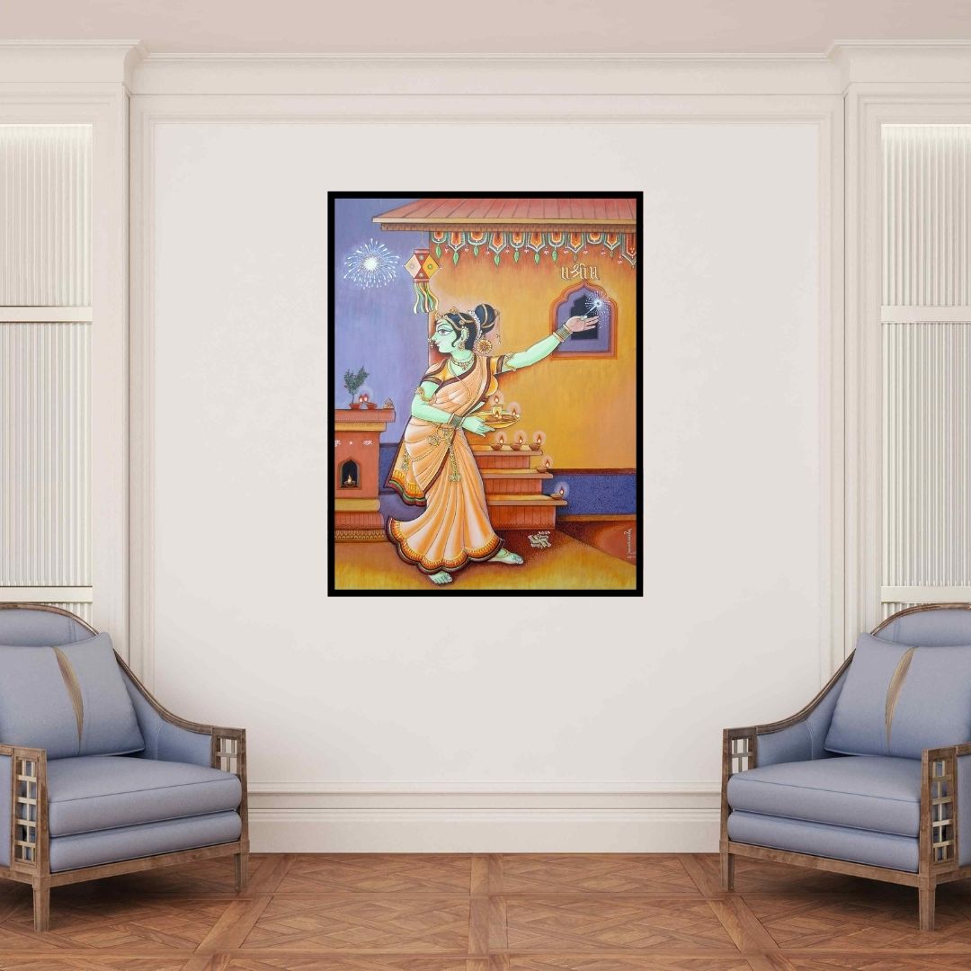 In-situ view of Anand Sonar's 'Season 3 (Festival of Lights)' painting in a room