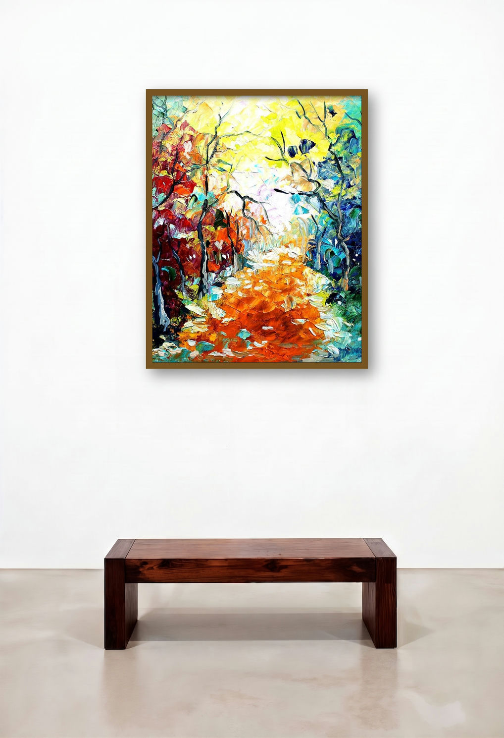 Seasons 133 (Autumn Path) by artist Bahadur Singh displayed in a Minimalist Living Room