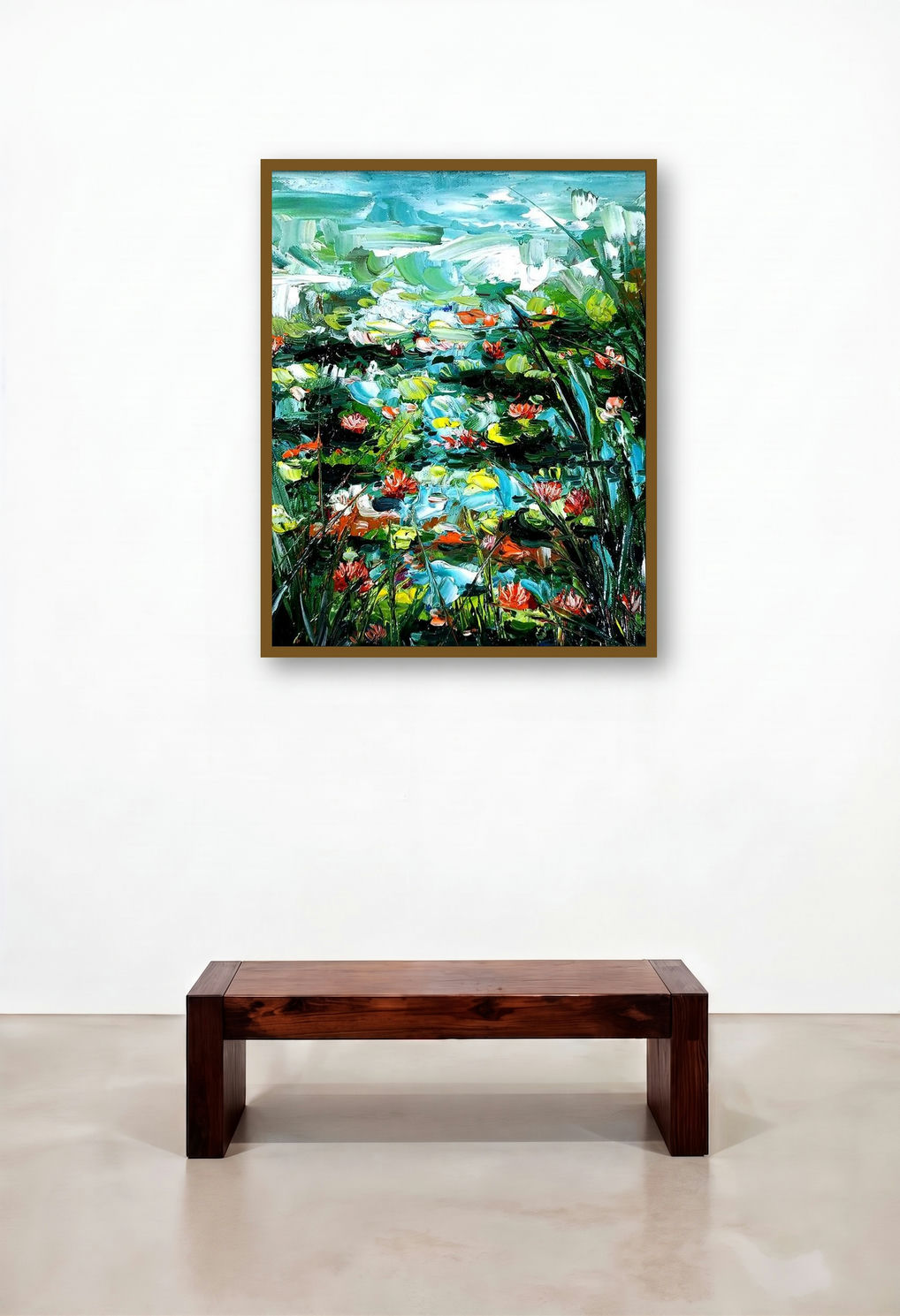 Seasons 137 (Waterlily Pond) by artist Bahadur Singh displayed in a Art Deco Bedroom
