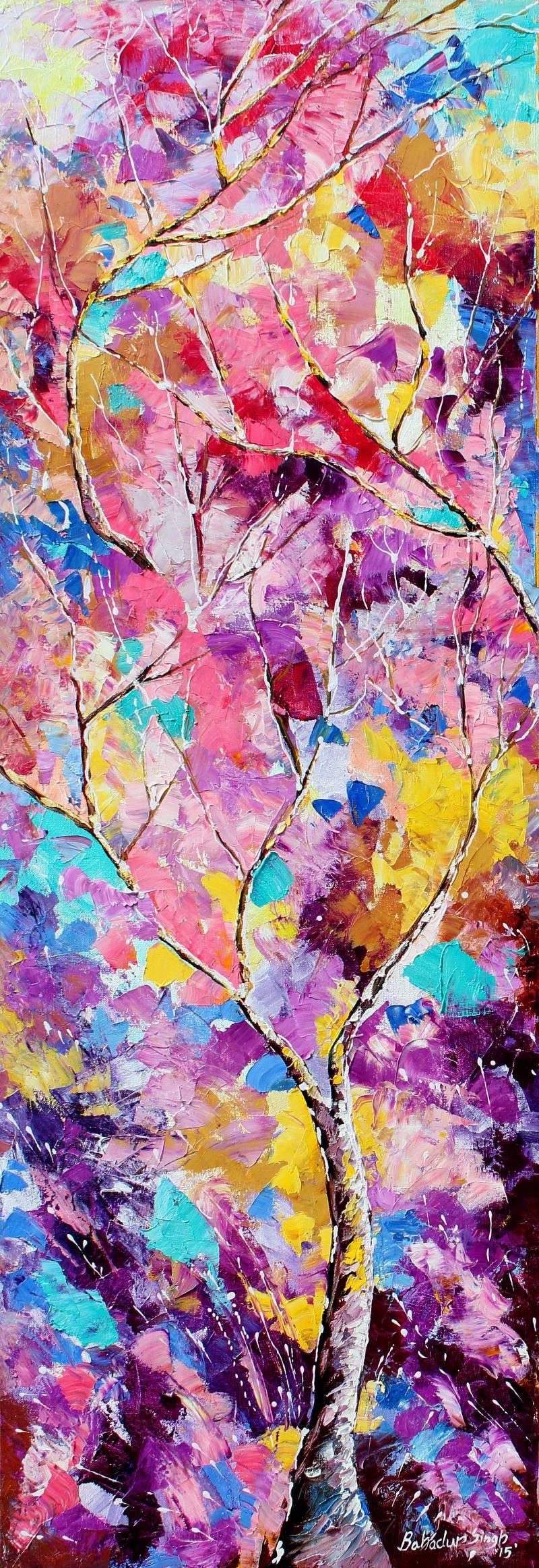 Nature oil painting titled 'Seasons XI', 48x15 inches, by artist Bahadur Singh on Canvas