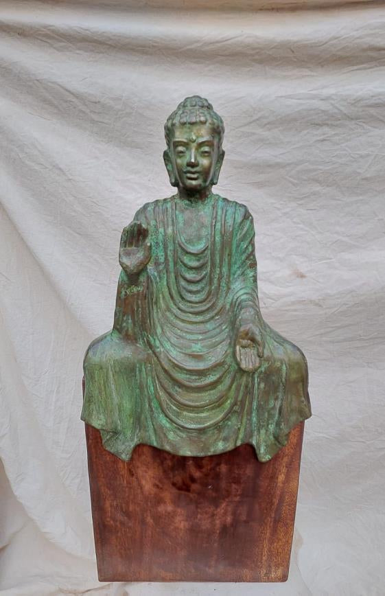 Seating Buddha' religious Brass, Metal sculpture by artist Rohan Sonavane, 28x12 inch, on brass, metal
