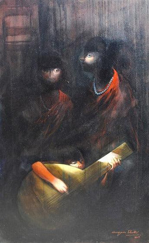Secret Music (Echoes of the Night: A Musical Embrace) by Narayan Shelke, Original Acrylic Figurative Painting on Canvas, Large Vertical Wall Art