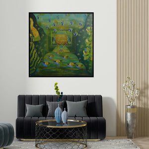 Poonam Agarwal's 'The Secret Self Ii' painting visualized above a sofa in a contemporary room.