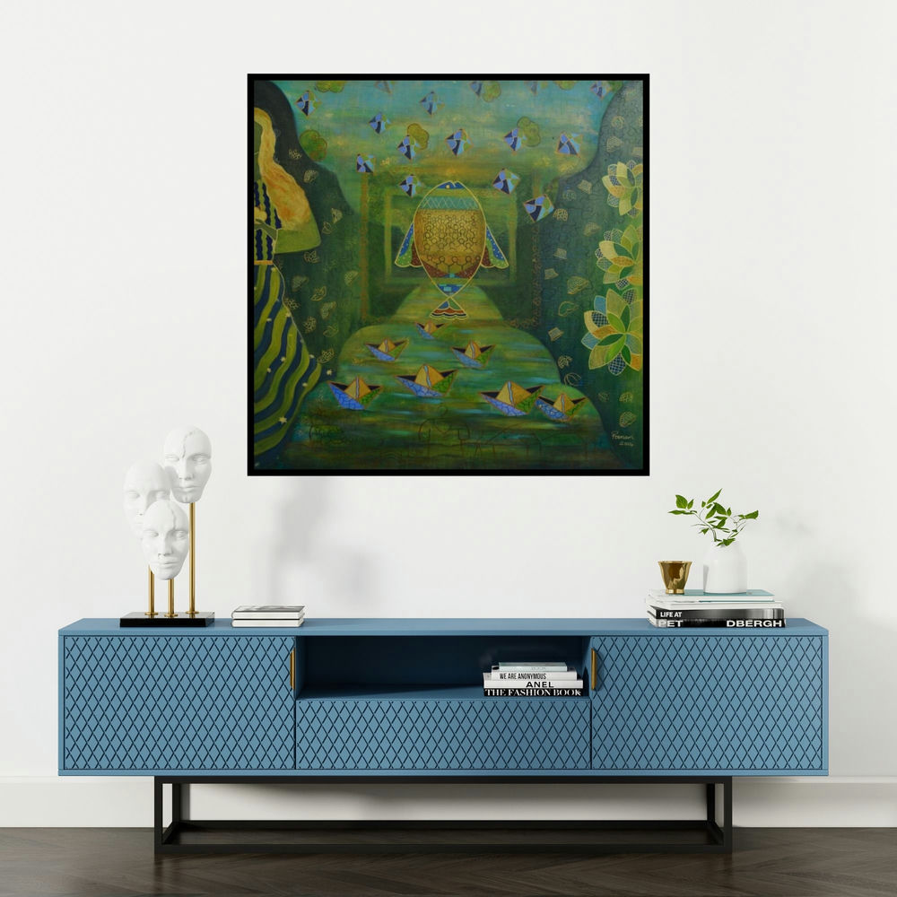 'The Secret Self Ii' painting by Poonam Agarwal shown on a wall in a furnished room.