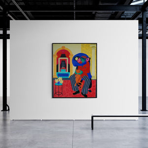 In-situ view of Pradipta Chakraborty's 'The Seduction Drama (Shared Embrace)' painting in a room