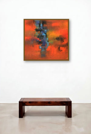 Seizing Blue (Crimson Echoes) by artist Raju Durshettiwar displayed in a Japandi Study