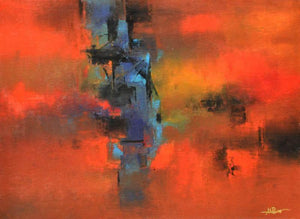 Seizing Blue (Crimson Echoes) by Raju Durshettiwar, Original Acrylic Abstract Painting on Canvas, Medium Horizontal Wall Art