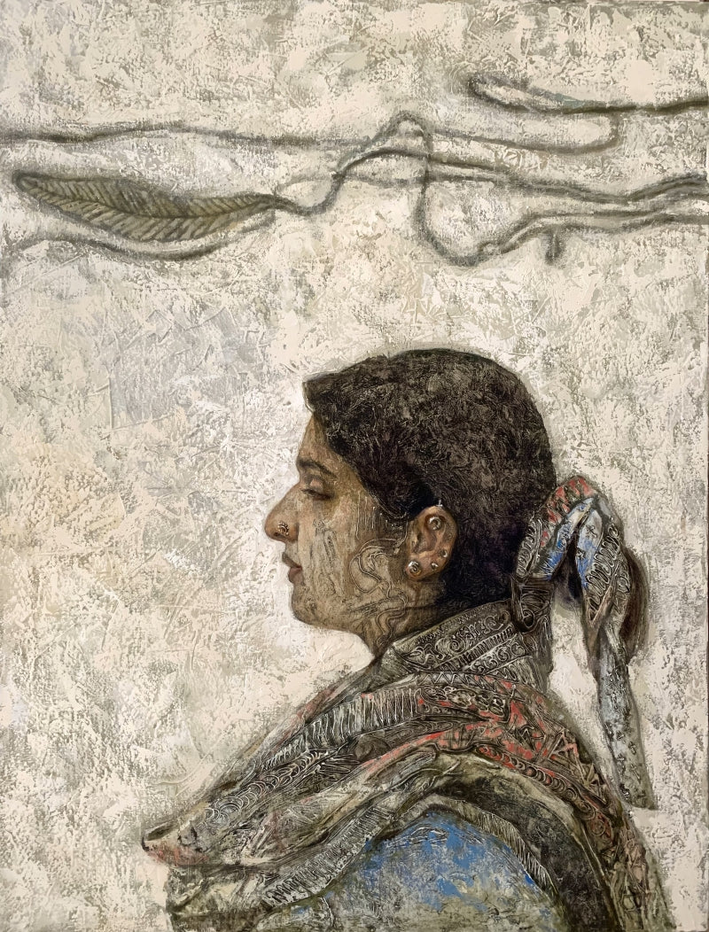 Self Contained' figurative oil painting by artist Nilisha Phad, 30x29 inch, on canvas