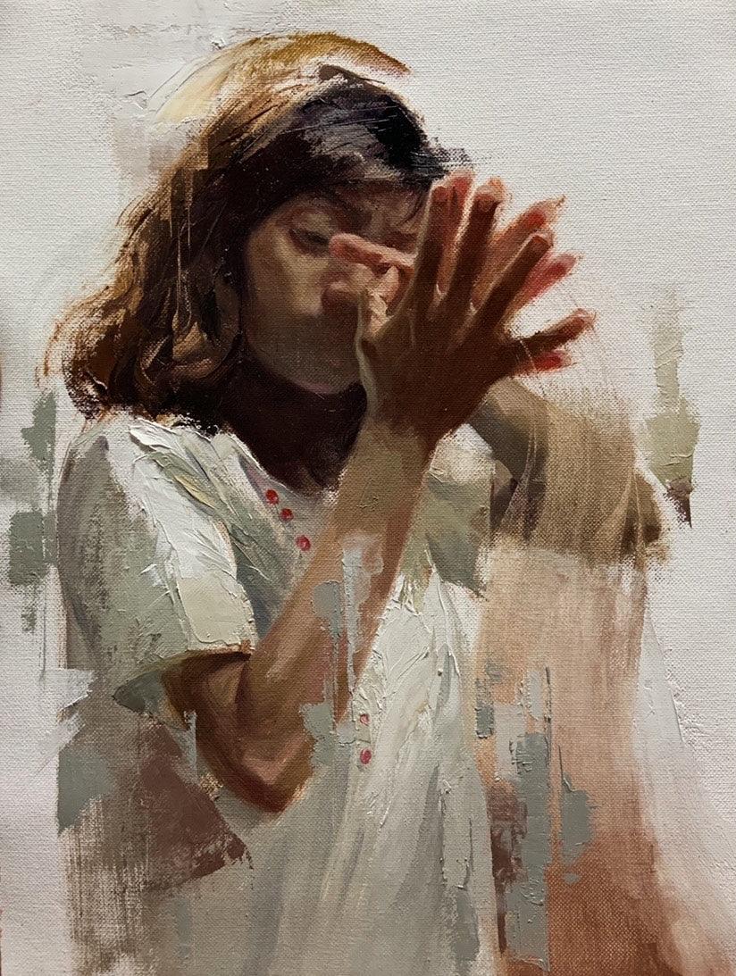 Portrait oil painting titled 'Self Conversation 2', 26x22 inches, by artist Abhijeet Patole on Canvas