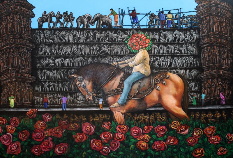 Self Portrait As A King 2' contemporary mixed-media painting by artist Gangu Naidu Pv, 48x72 inch, on canvas