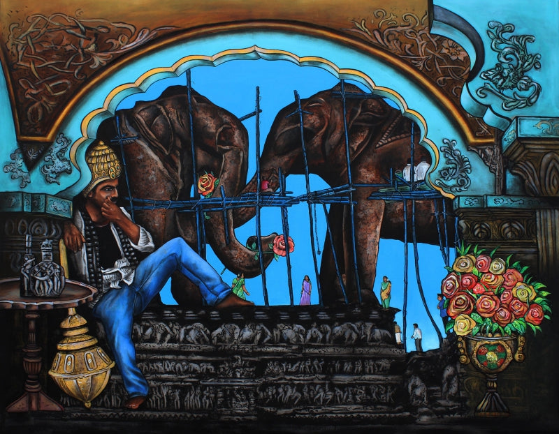 Self Portrait As A King' figurative acrylic-charcoal painting by artist Gangu Naidu Pv, 48x60 inch, on canvas