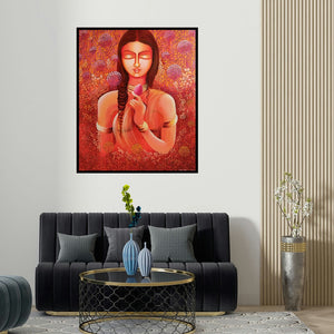 'Selflove Loving My Own Identity' painting by Nitu Chhajer shown on a wall in a furnished room.