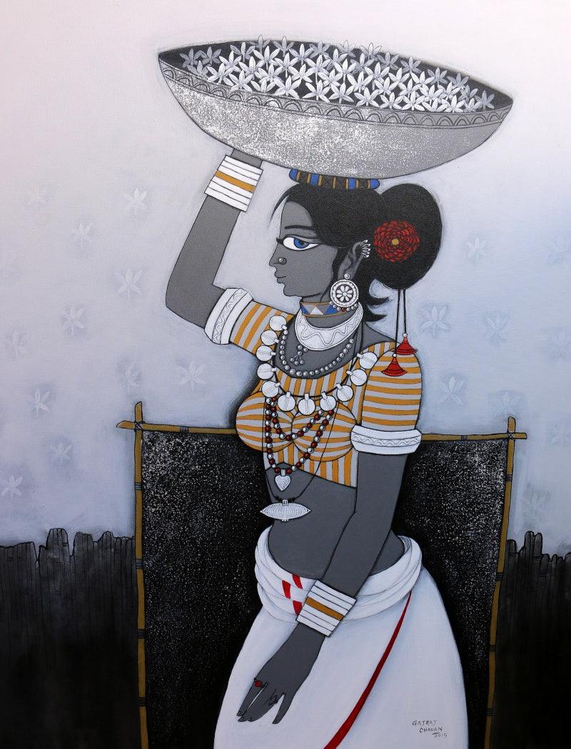 Figurative acrylic painting titled 'Seller', 36x48 inches, by artist GAJRAJ CHAVAN on Canvas