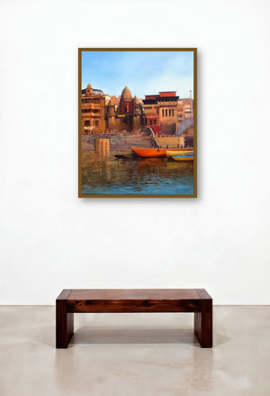 Sensuibilities (Sunrise on the Ganges) by artist Atif Pachapuri displayed in a Scandinavian Foyer