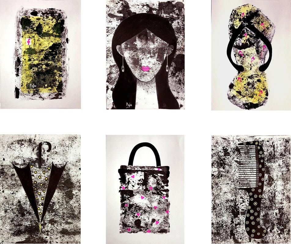 contemporary mixed media painting titled 'Sequence', 24x24 inches, by artist Puja Sarkar on Paper