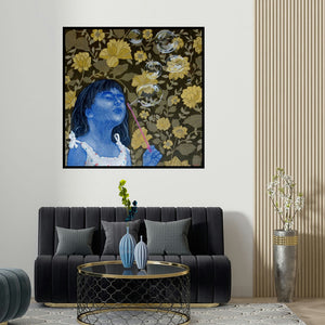Deepali S's 'Serene Joys' painting visualized above a sofa in a contemporary room.