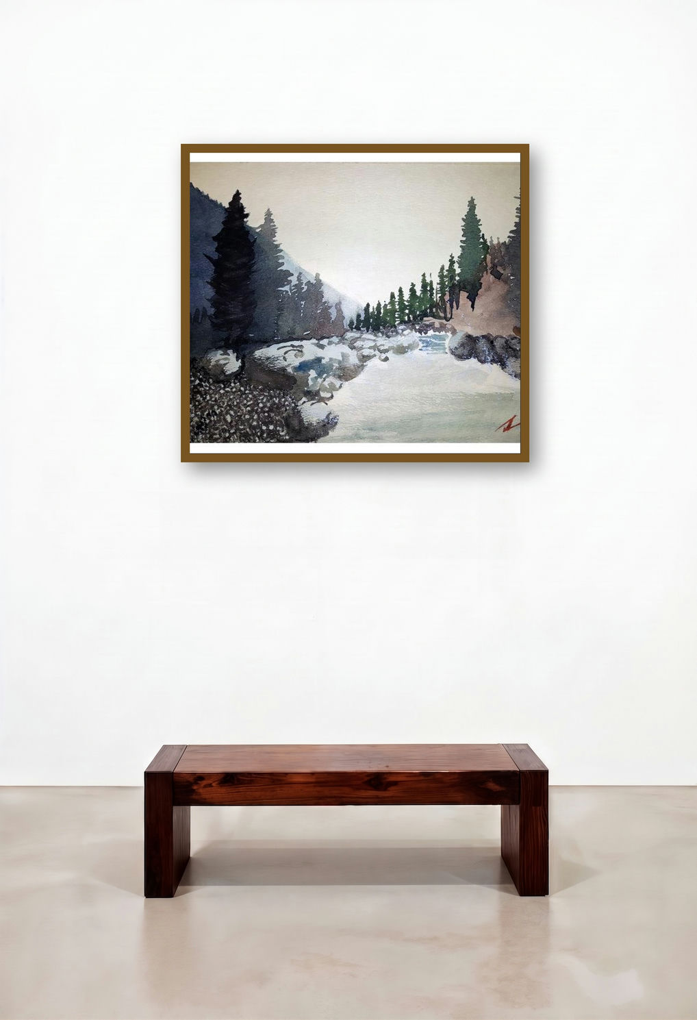 Serene Woods (Mountain Stream) by artist Arunava Ray displayed in a Contemporary Luxury Lounge