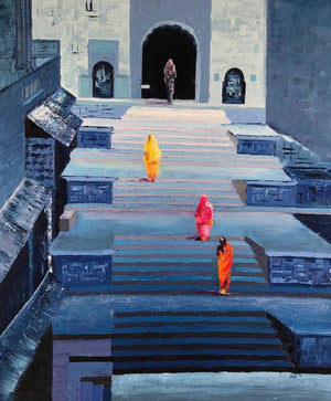 Cityscape oil painting titled 'Serenity 1', 36x30 inches, by artist Anuja Sane on Canvas