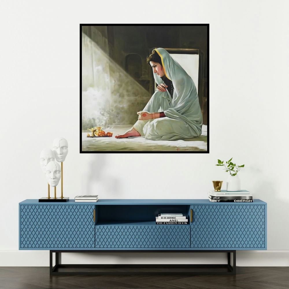 'Serenity' painting by Kamal Rao shown on a wall in a furnished room.