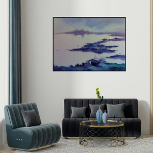 Narayan Shelke's 'Serenity Of Nature I (Whispers of the Tide: A Boat Adrift)' painting visualized above a sofa in a contemporary room.