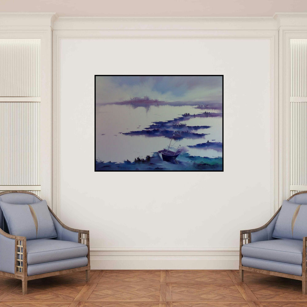 'Serenity Of Nature I (Whispers of the Tide: A Boat Adrift)' painting by Narayan Shelke shown on a wall in a furnished room.