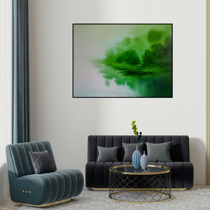 Narayan Shelke's 'Serenity Of Nature Ii (Emerald Veil: A Landscape in Haze)' painting visualized above a sofa in a contemporary room.