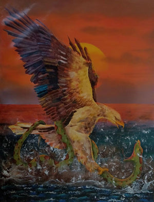Serpentine Attack (Clash of Titans) by Lisha N T, Original Acrylic Animal Painting on Canvas, Medium Vertical Wall Art