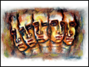 Several Face With Man (Quintet of Reflections) by Srv Artist, Original Dry Pastel Figurative Painting on Board, Small Horizontal Wall Art