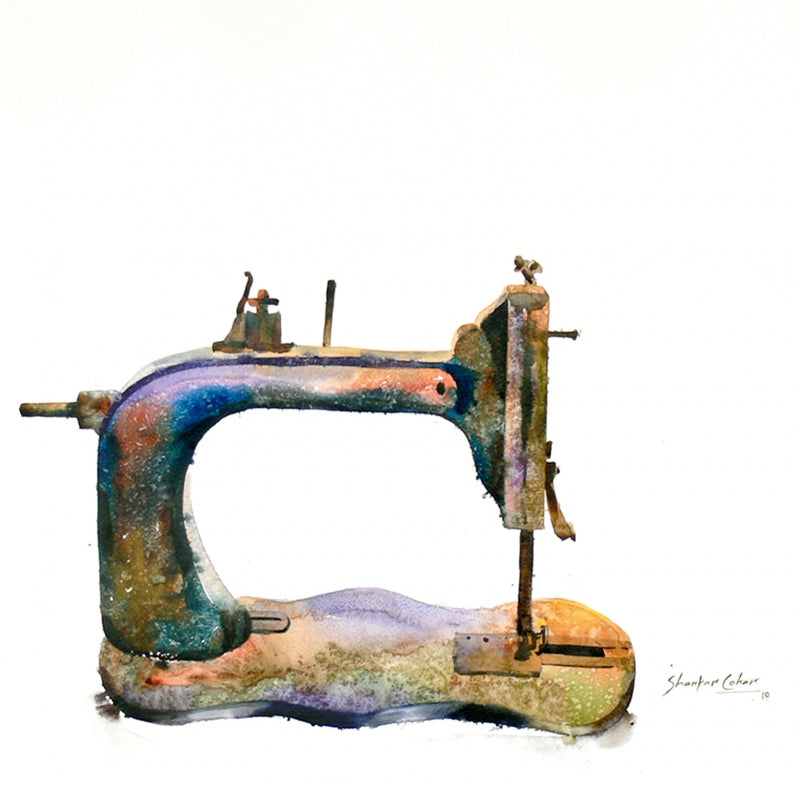 Sewing Machine 1' still-life watercolor painting by artist Shankar Lohar, 24x24 inch, on paper