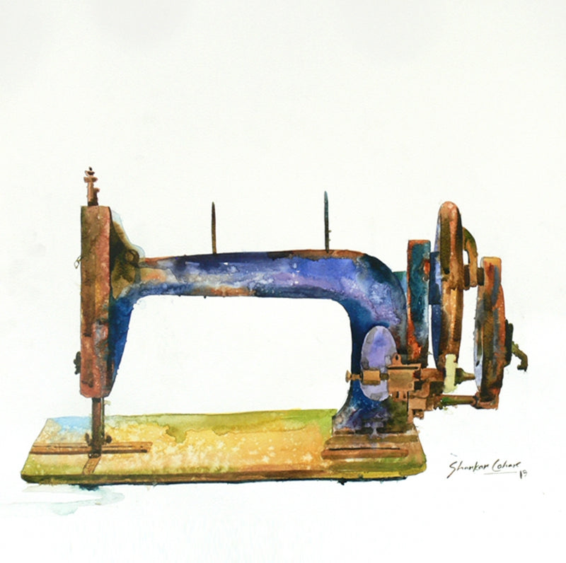 Sewing Machine 2' still-life watercolor painting by artist Shankar Lohar, 24x24 inch, on paper