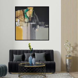 Anil Gaikwad's 'Shadow Becomes Reality 48 (Urban Tapestry**)' painting visualized above a sofa in a contemporary room.