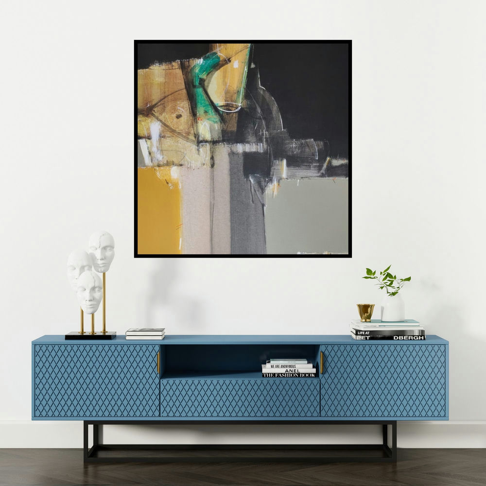 'Shadow Becomes Reality 48 (Urban Tapestry**)' painting by Anil Gaikwad shown on a wall in a furnished room.