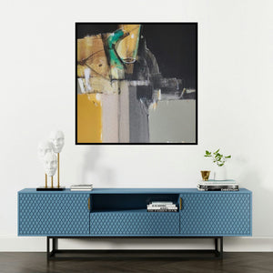 'Shadow Becomes Reality 48 (Urban Tapestry**)' painting by Anil Gaikwad shown on a wall in a furnished room.