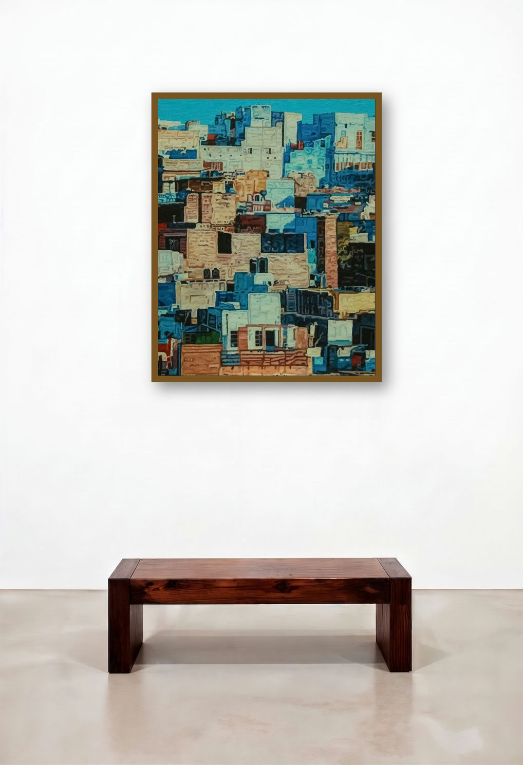 Shadow City 10 (A Tapestry of Blues) by artist Ganesh Pokharkar displayed in a Rustic Executive Office