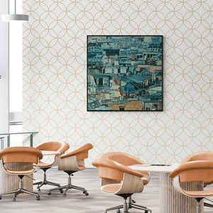 In-situ view of Ganesh Pokharkar's 'Shadow City 9 (A Cityscape Mosaic)' painting in a room