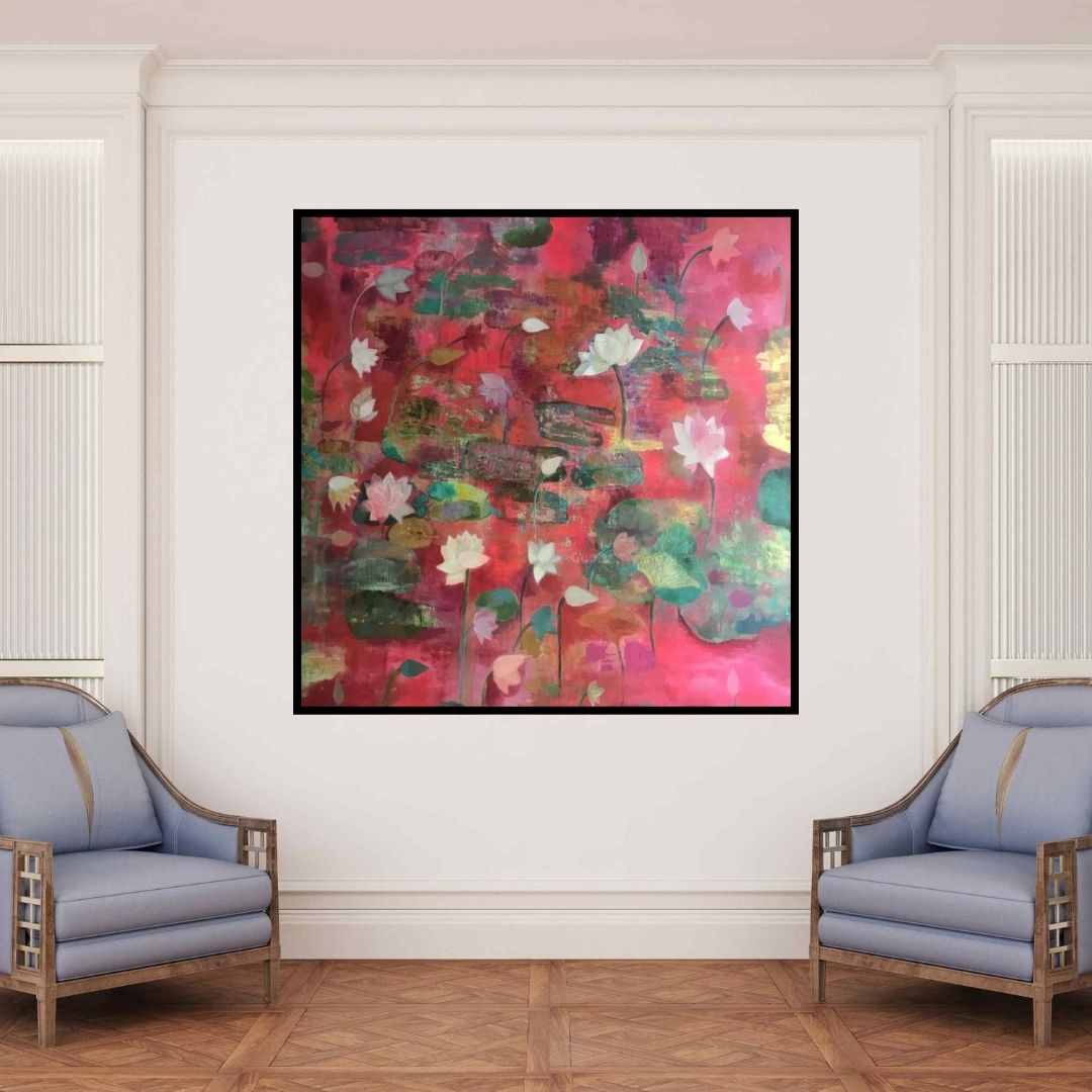 In-situ view of Sunayana Malhotra's 'Shafaq (Serene Bloom)' painting in a room