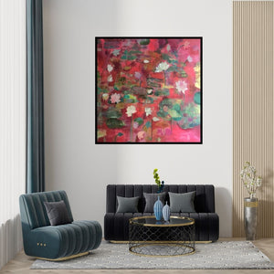 Preview of 'Shafaq (Serene Bloom)' Painting by Sunayana Malhotra shown on a wall in a furnished room.