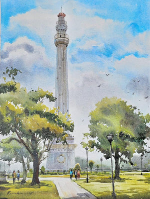 Shahid Miar Kolkata (A Serene Day at the Lighthouse) by Ranabir Saha, Original Acrylic Cityscape Painting on Canvas, Small Vertical Wall Art