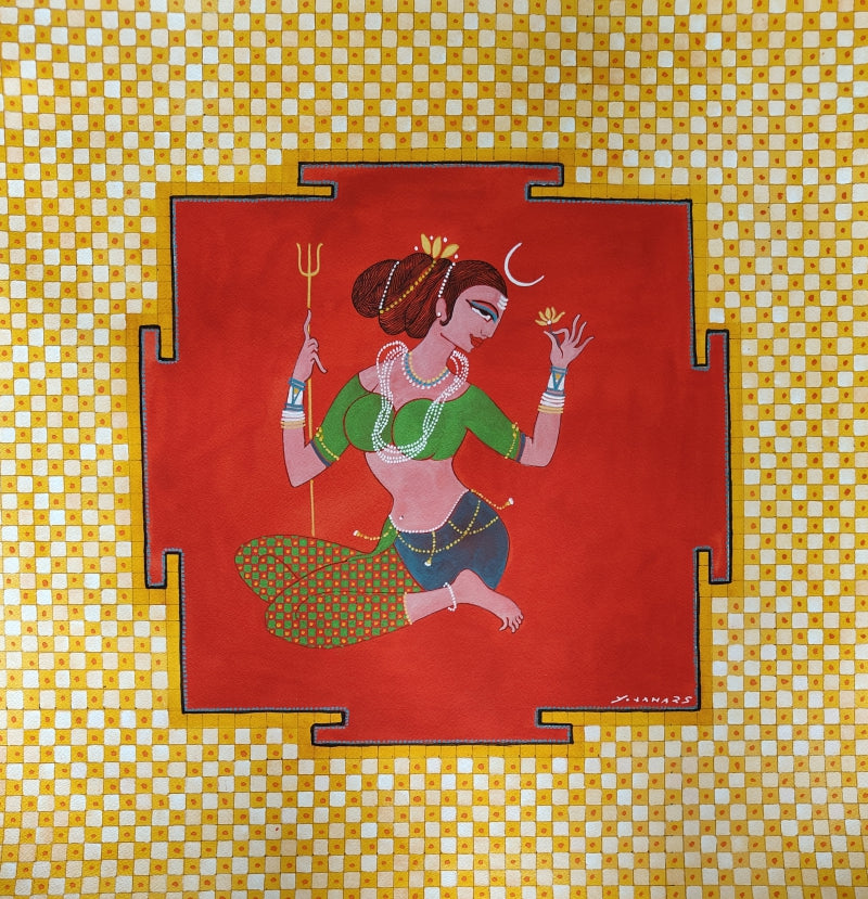 Shailputri' religious mixed-media painting by artist Yojana Dehankar, 22x22 inch, on paper