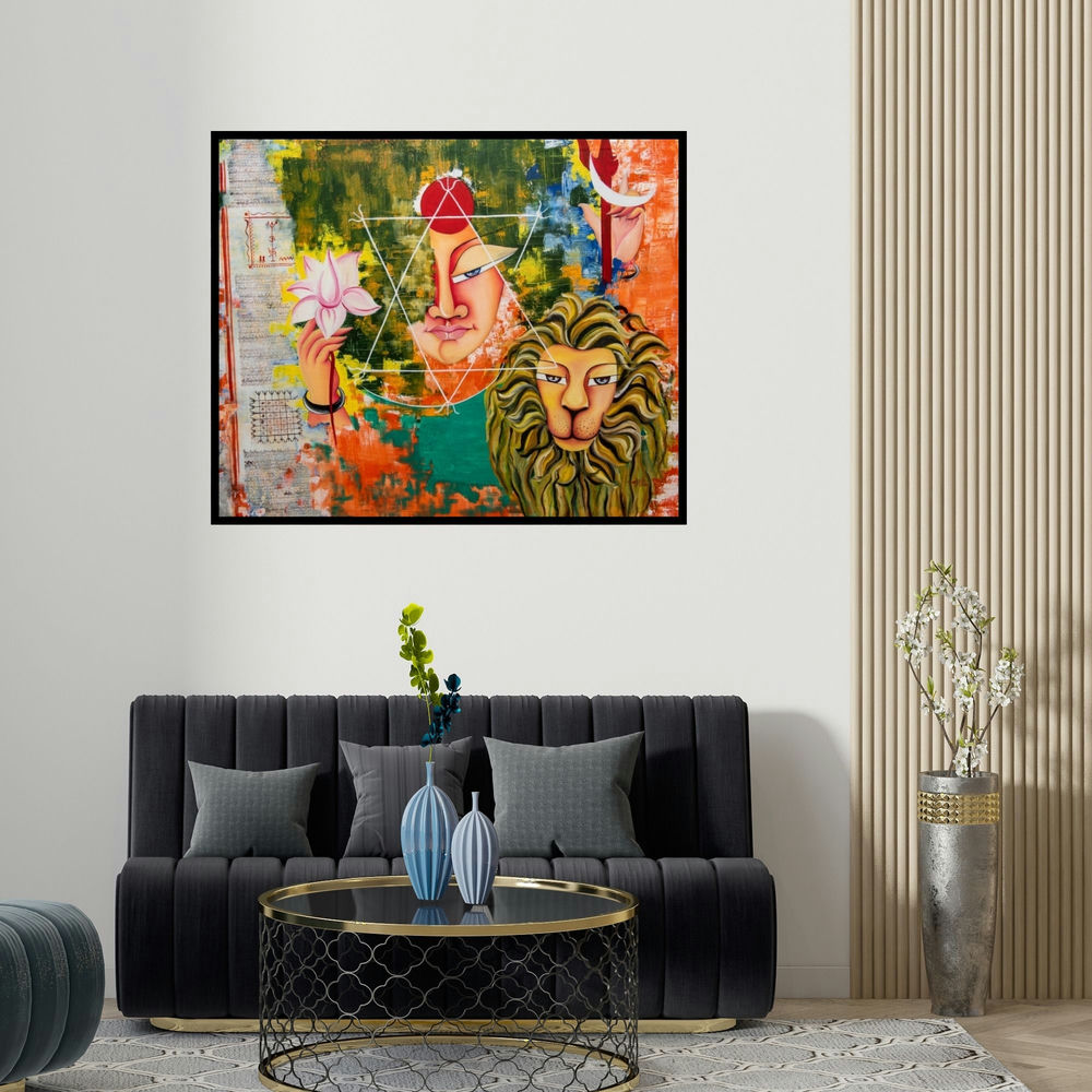 'Shakti (Shakti: The Divine Feminine)' painting by Deepali Mundra shown on a wall in a furnished room.