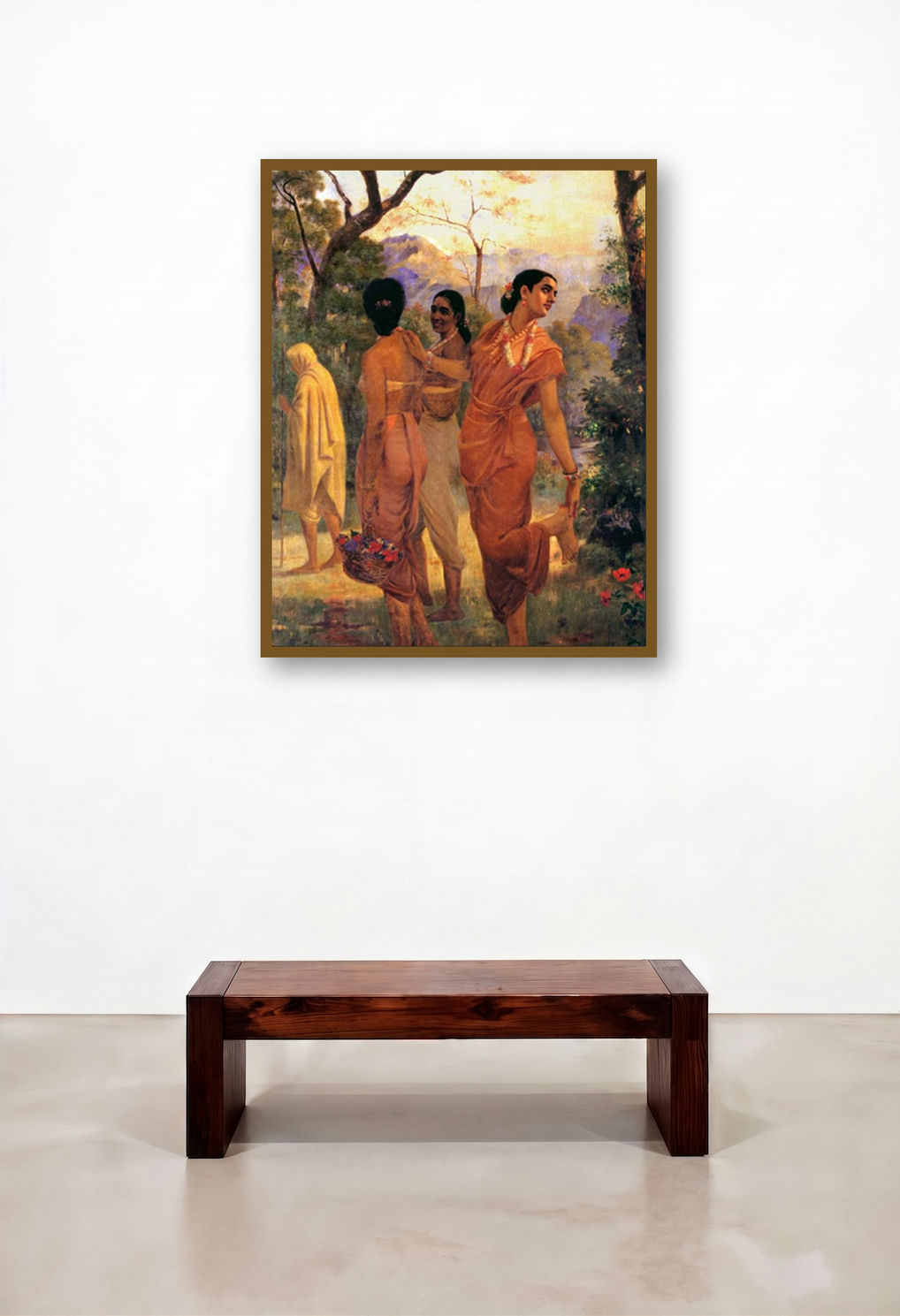 Shakumthala Looks Of Love (A Pensive Gaze) by artist Raja Ravi Varma displayed in a Classic Library