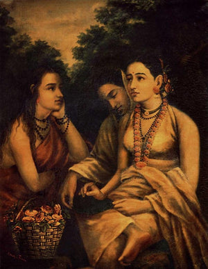 Shakumthala Patralekhan (Words of Love) by Raja Ravi Varma, Print Oil Figurative Painting on Canvas, X-Small Vertical Wall Art