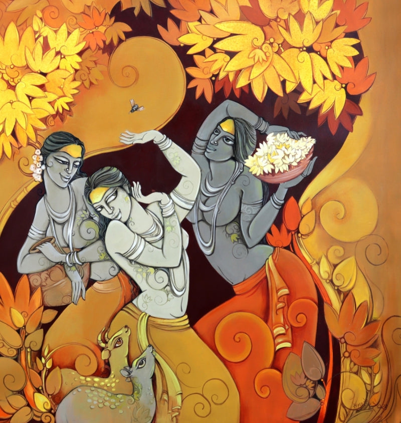 Shakuntala' figurative acrylic painting by artist Suman Dongre, 36x36 inch, on canvas