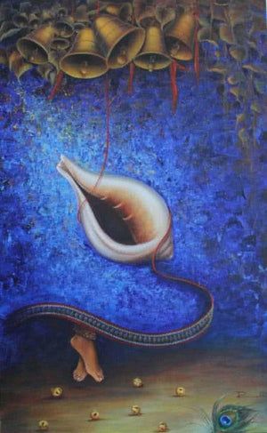 Shankh Leela (Cosmic Harmony) by Rakhi Baid, Original Acrylic Religious Painting on Canvas, Large Vertical Wall Art