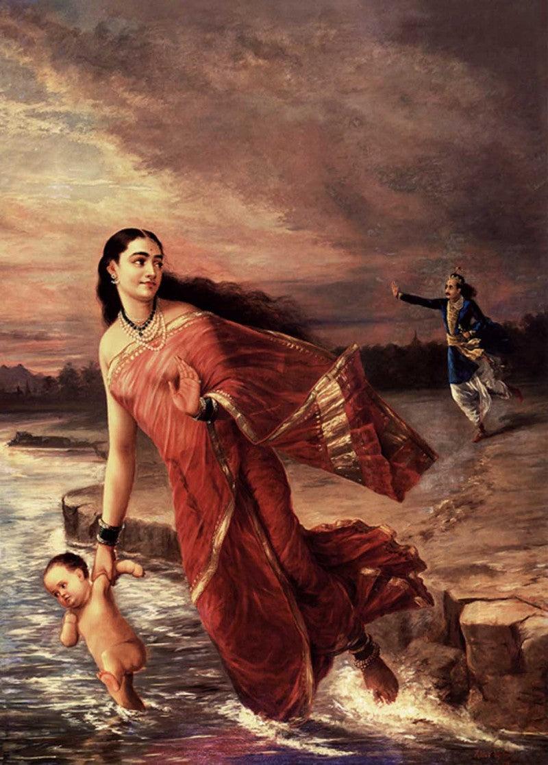 Figurative oil painting titled 'Shanthanoo And Ganga', 36x26 inches, by artist Raja Ravi Varma Reproduction on Canvas