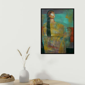 Mihir Kayal's 'She 2 (Inner Reflection)' painting visualized above a sofa in a contemporary room.