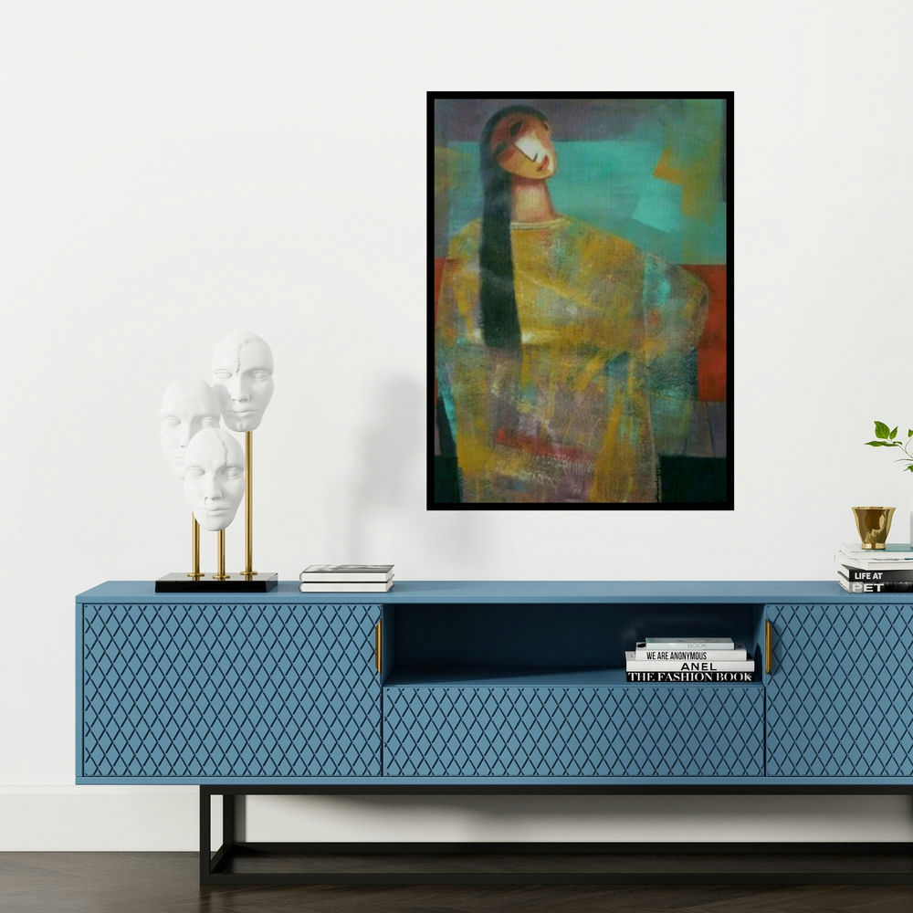 'She 2 (Inner Reflection)' painting by Mihir Kayal shown on a wall in a furnished room.