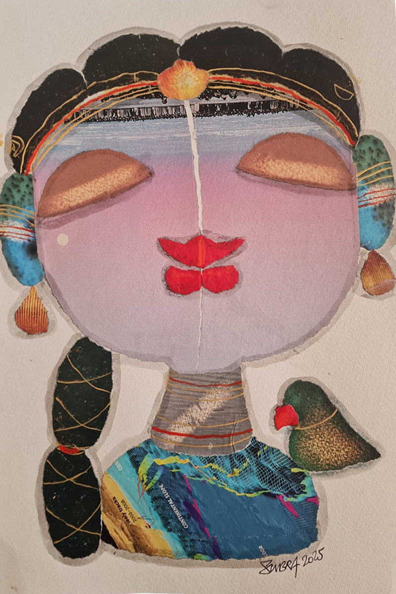 She 2' figurative mixed-media painting by artist G Subramanian, 12x8 inch, on paper